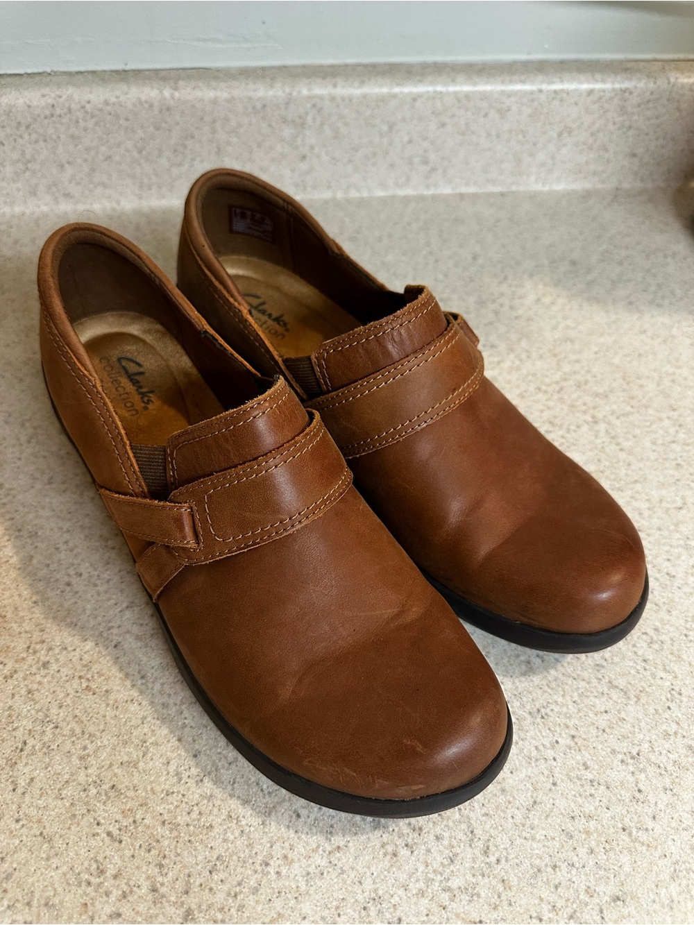 Clarks Women’s Tan Leather Slip-On Loafers with Hook-and-Loop Strap